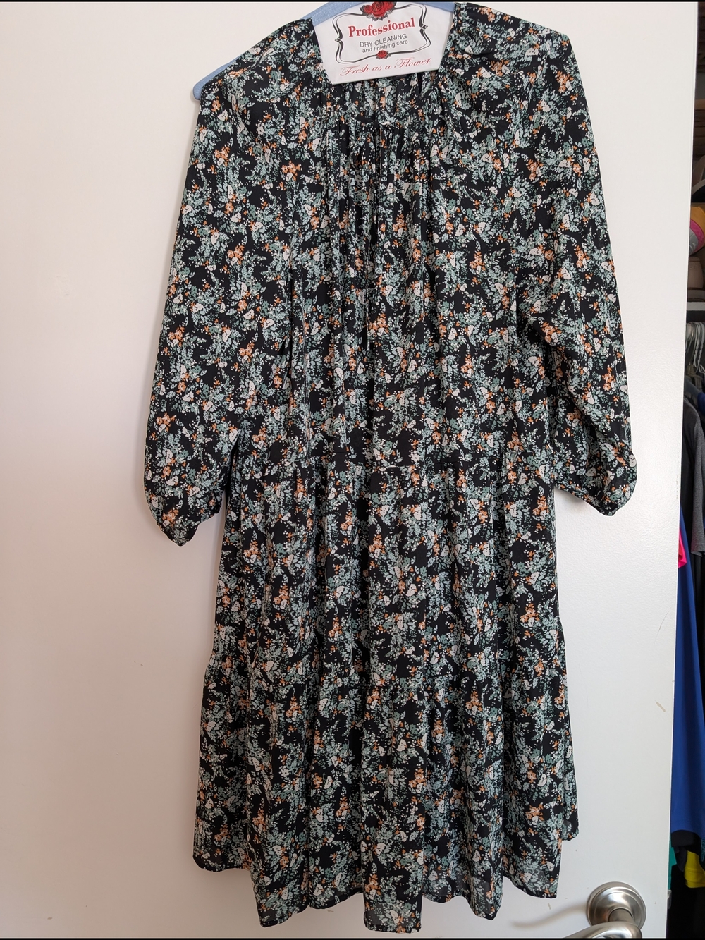 Banana Republic Black Floral Midi Dress with Mint and Tan Flowers